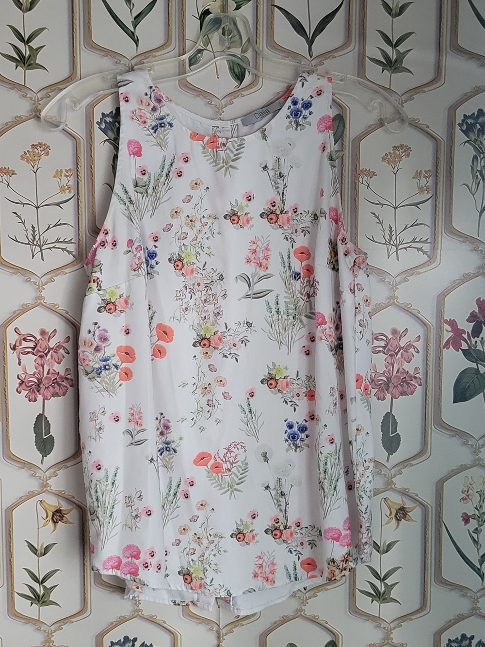 Dalia White Sleeveless Floral Tunic Button Up Back Tank with Wild Flowes